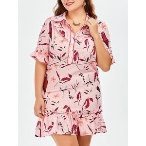 Pink Plus Size Floral Print Ruffle Hem Mini Dress